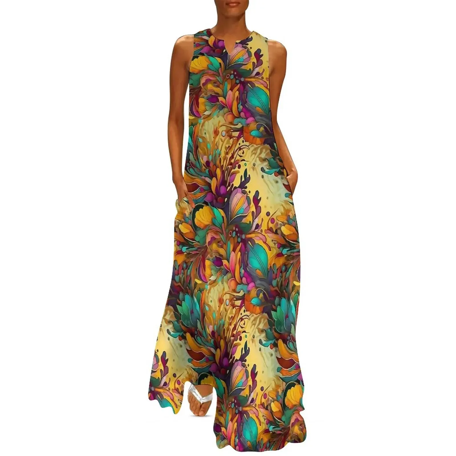 Vintage Floral Print Trendy Maxi Dress V Neck Design Boho Beach Long Dresses Fashion Oversized Summer Robe Vestidos