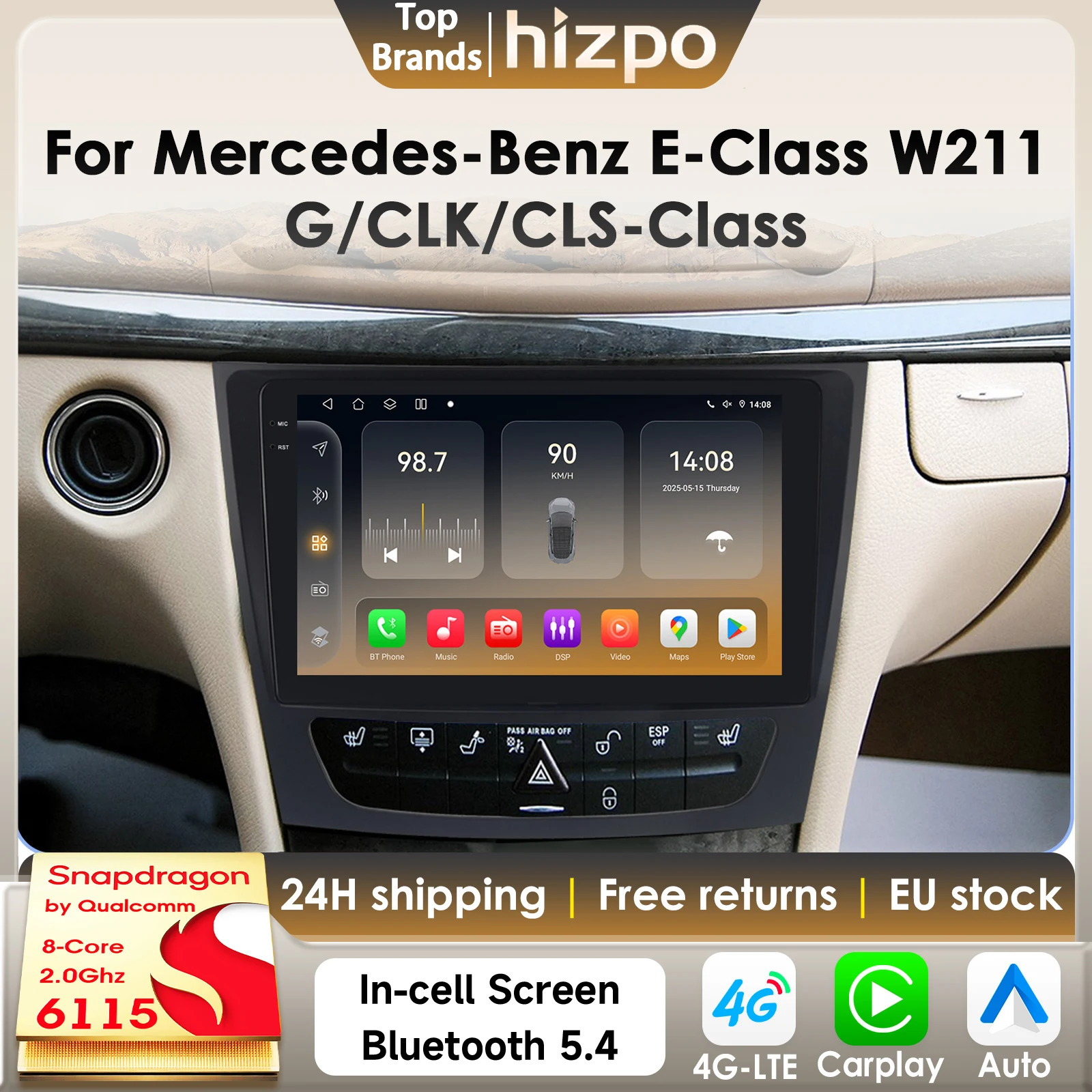 Hizpo Carplay Android 14 Autoradio für Mercedes Benz E-Klasse W211 E200 E220 E300 E350 E240 E270 E280 CLS W219 55 C W463 CLK 6115
