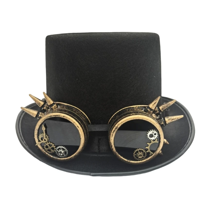 E56A Victorian Styles Tall Hat for Magicians Stage Show with Goggle Cosplay Headwear For Character Play And Photography