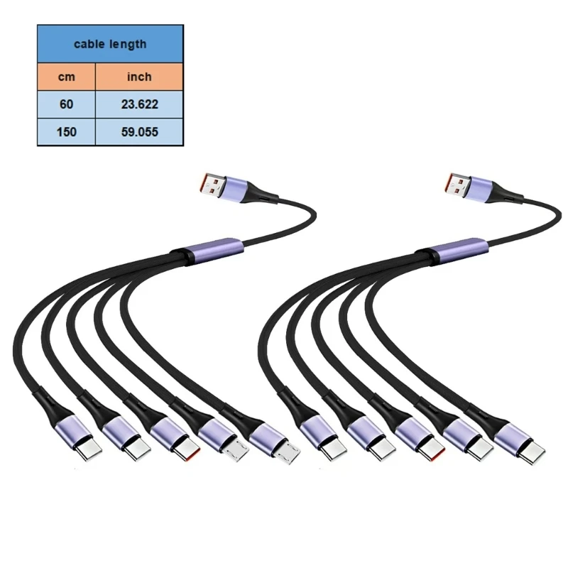 5 In 1 USB Splitter Cable USB A to 5 Micro USB/Type C Charing Cable Orange Port Support 66W Fast Charing For Phone Tablet Pad