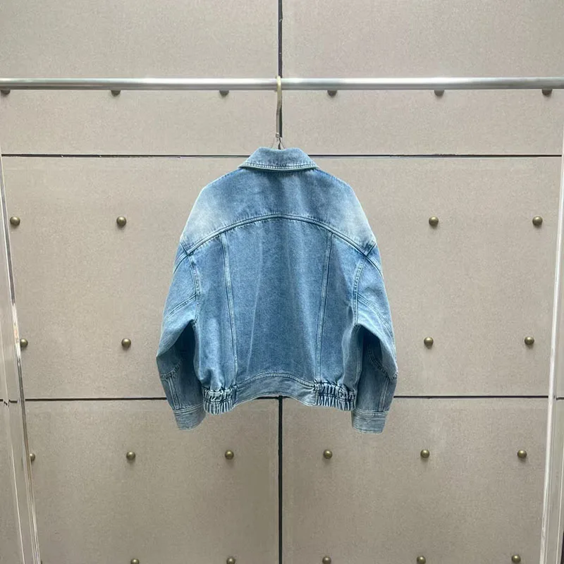 Women's Collared Denim Jacket, Distressed Wash, Loose Fit, Large Pockets, Zipper Jacket, 2026, New Style, Y2K