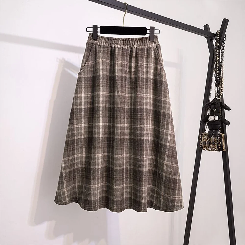 Vintage Plaid Woolen Skirt Women Elastic High Waisted A-line Midi Skirt Brown Checkered Skirt Office Casual Daily Autumn Winter