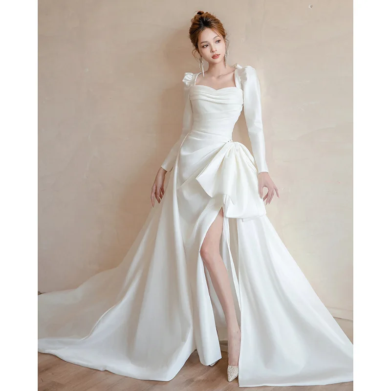 فستان زفاف خفيف من الساتان بأكمام طويلة، فستان زفاف عروس راقي على الطراز الفرنسي، أبيض بسيط، فستان خارجي أنيق على طراز هيبورن