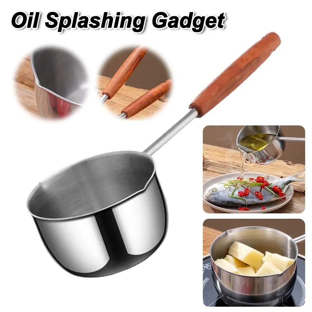 Gifts Stainless Steel Small Pot Long-handled Wooden Handle Mini Pot Oil Splashing Gadget for Preventing Hot Oil From Scorching