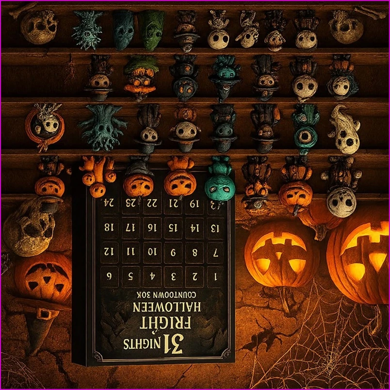 31 Nights of Fright Halloween Countdown Box - 2025 Advent Calendar with 31 Spooky Figurines, Horror Collectible Dolls-A57M