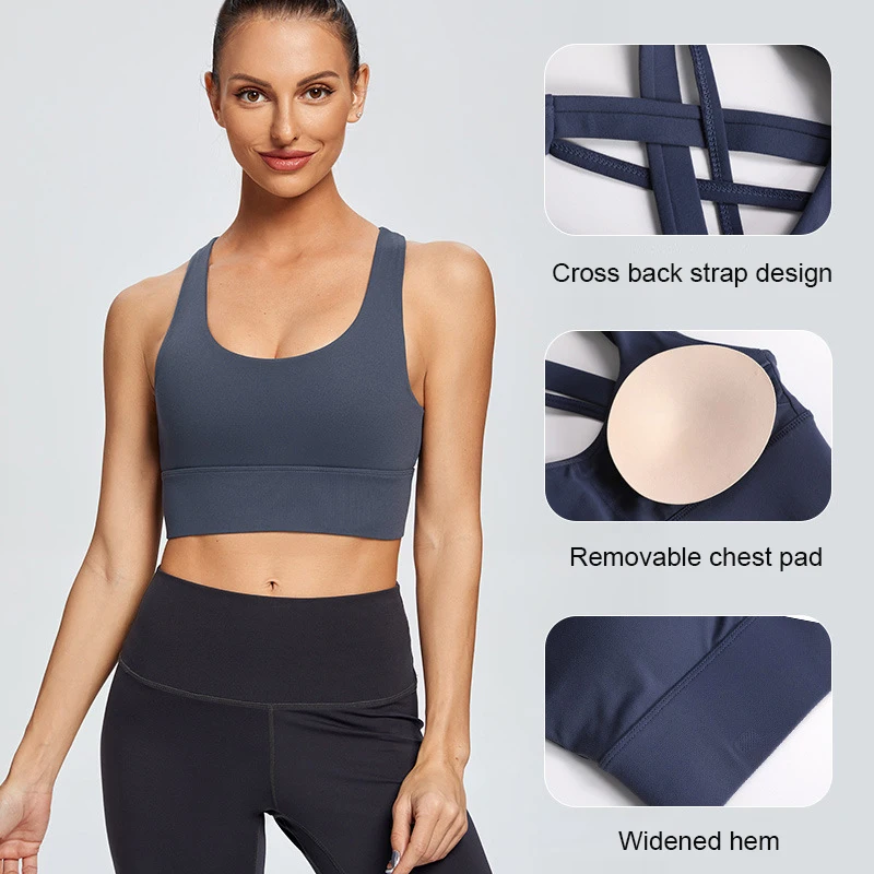 Plus Size Women Sports Bras Crop Top Yoga Vest Wire Free Cross Back Strap Shockproof Gym Fitness Athletic Brassiere