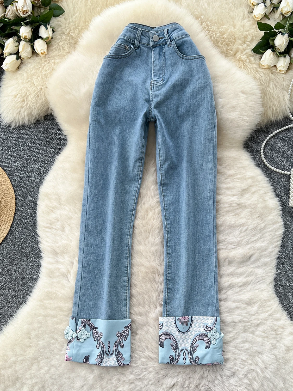 

Retro Chinese Design High Waist Patchwork Embroidery Straight Leg Jeans Women's Slimming Autumn Faion Ladies' Denim Pants