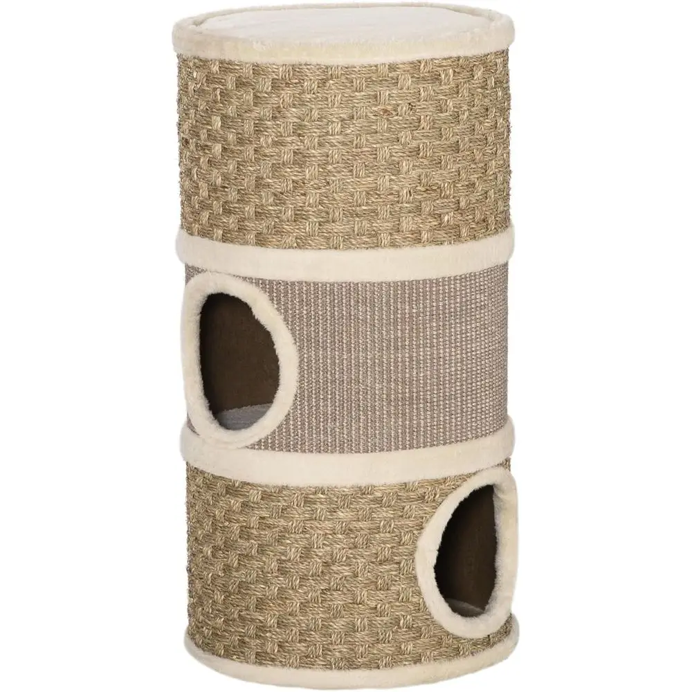 

28-Inch Barrel-Shaped Cat Tree with 3 Hideaways, Sisal Scratch Pad, Khaki & Brown