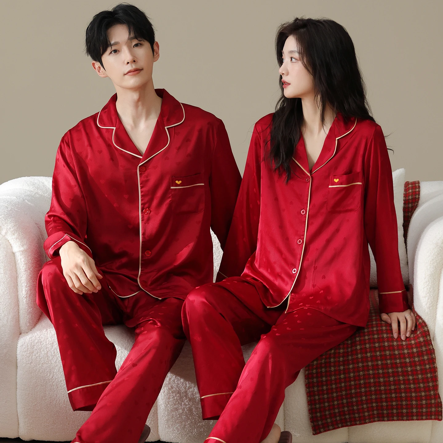 Autumn Couples Sleepwear Festival Red Cardigan Pajamas Set Long Sleeve Lovers Pyjamas Suit Male & Female Satin Pijamas Mujer