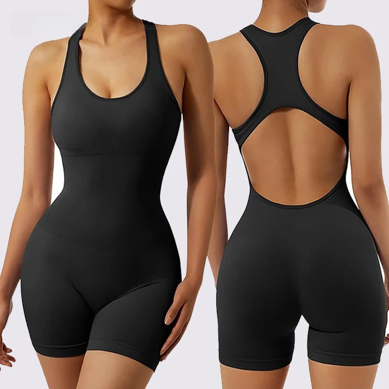 Women Seamless Hollow Out Back Yoga Bodysuit Beauty Back Hip Lifting One Piece Sports Workout Training Jumpsuit