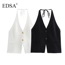 EDSA Women Elegant Halter Top with Tie V-neck False Welt Pockets Open Back Causal Female Single Breasted Blouse