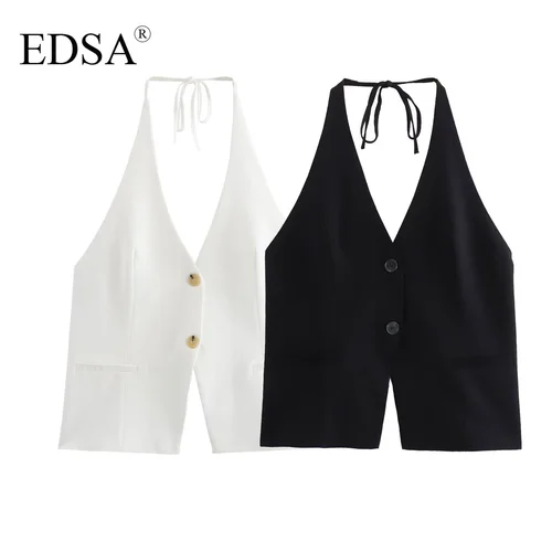 EDSA-Top elegante con cuello Halter para mujer, blusa informal con un solo pecho y bolsillos falsos con lazo y cuello en V
