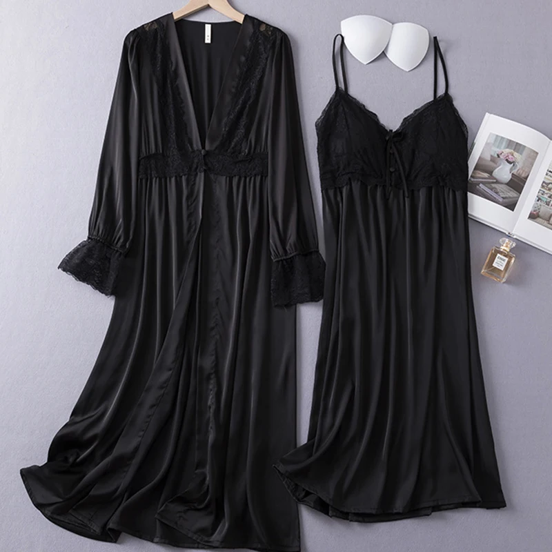 Women 2PCS Robe Set Spring Summer Satin Kimono Bathrobe Gown Sexy Patchwork Lace Nightgown Sleepwear Loose Home Dress Loungewear