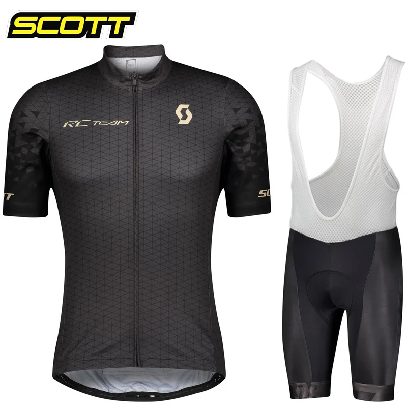 SCOTT Pro Cycling Jersey Set Men Bib Short Bicycle Short Sleeve Cycling Clothing Bike Maillot Ciclismo Hombre Black Sets For MTB