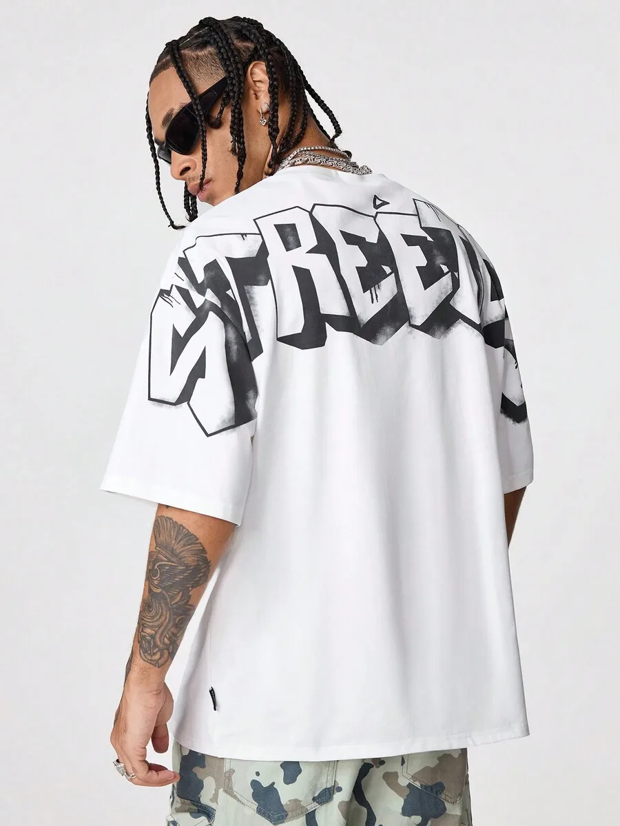 

Men's Oversized White Graphic Print T-Shirt, Loose Fit, Streetwear Style, Summer Casual Wear