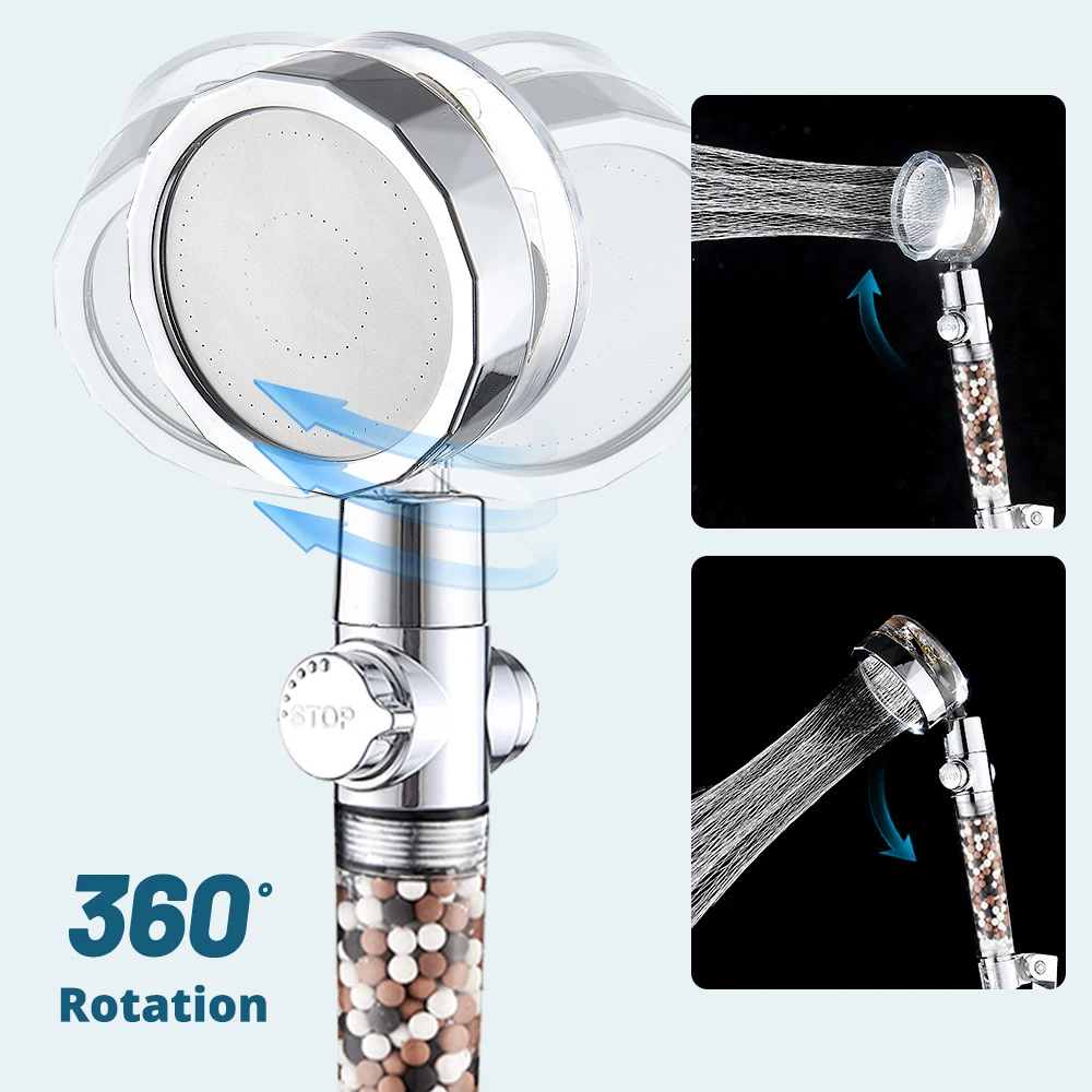 360 Degrees Rotating With Small Fan Powerful Pressurization Filter Shower Head SPA Anion Stone Spayer Bathroom Accessories