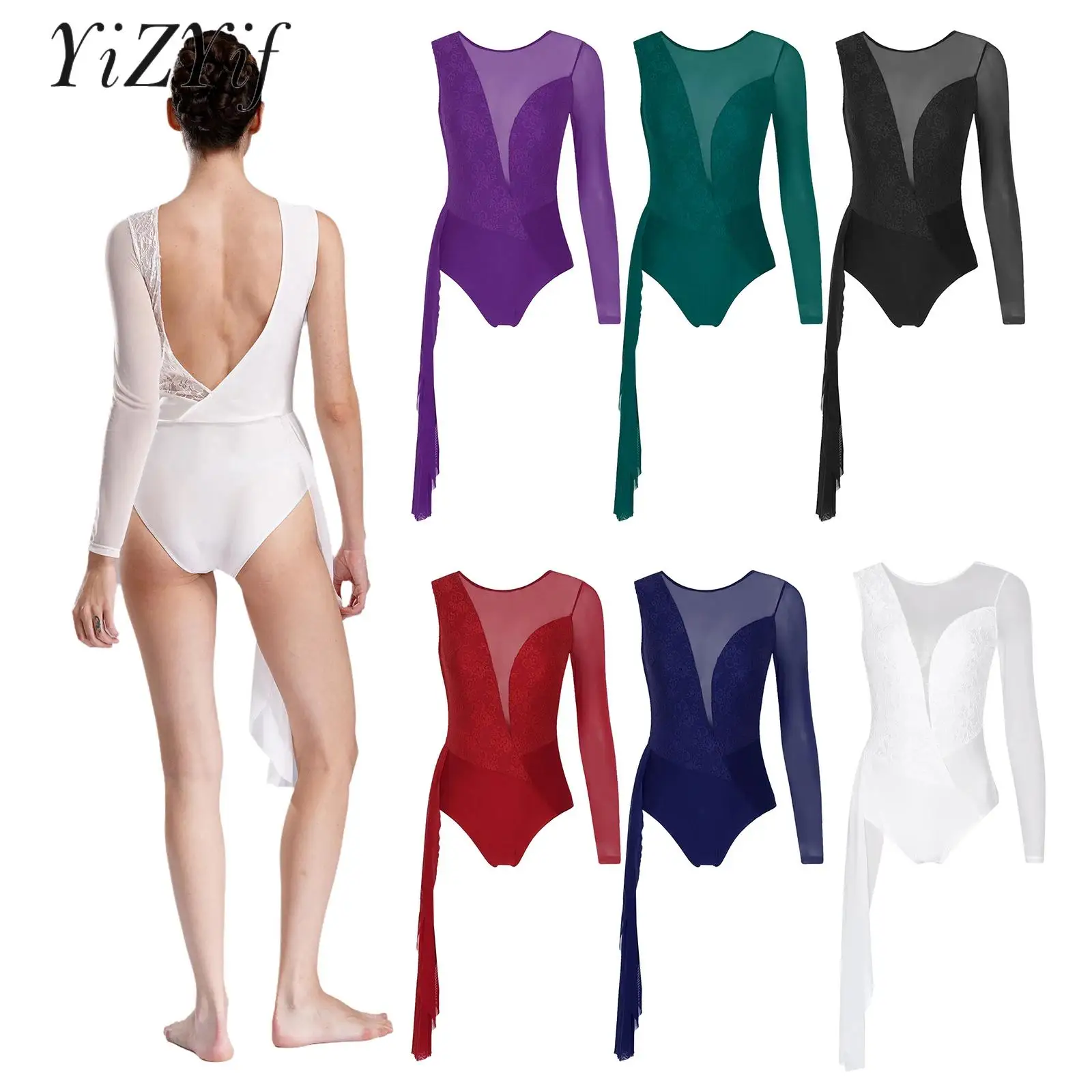 

Women Lyrical Ballet Dance Leotard Elegant Lace Practice Team Gymnastics Yoga Bodysuit Floral Lace Spliced Unitard