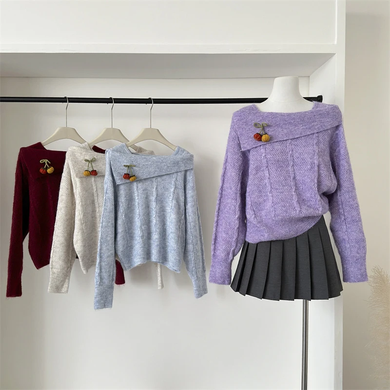 

Korean Sweet Y2K Knit Sweater Women 3D Floral Spring Fall Harajuku Pullover Long Sleeve Off Shoulder Elegant Preppy Style Top