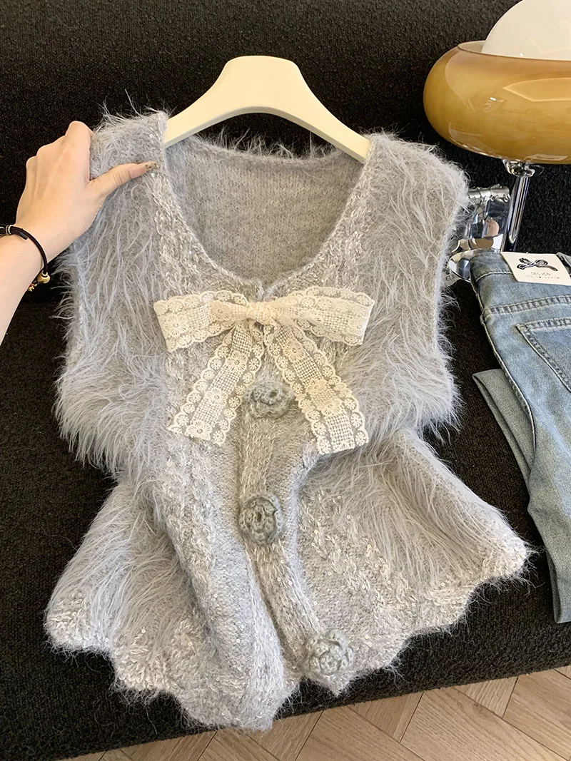 

2026 Spring New Cute and Fashionable Three Dimensional Flower Bow Sleeveless Knitted Tank Top Women's Vest