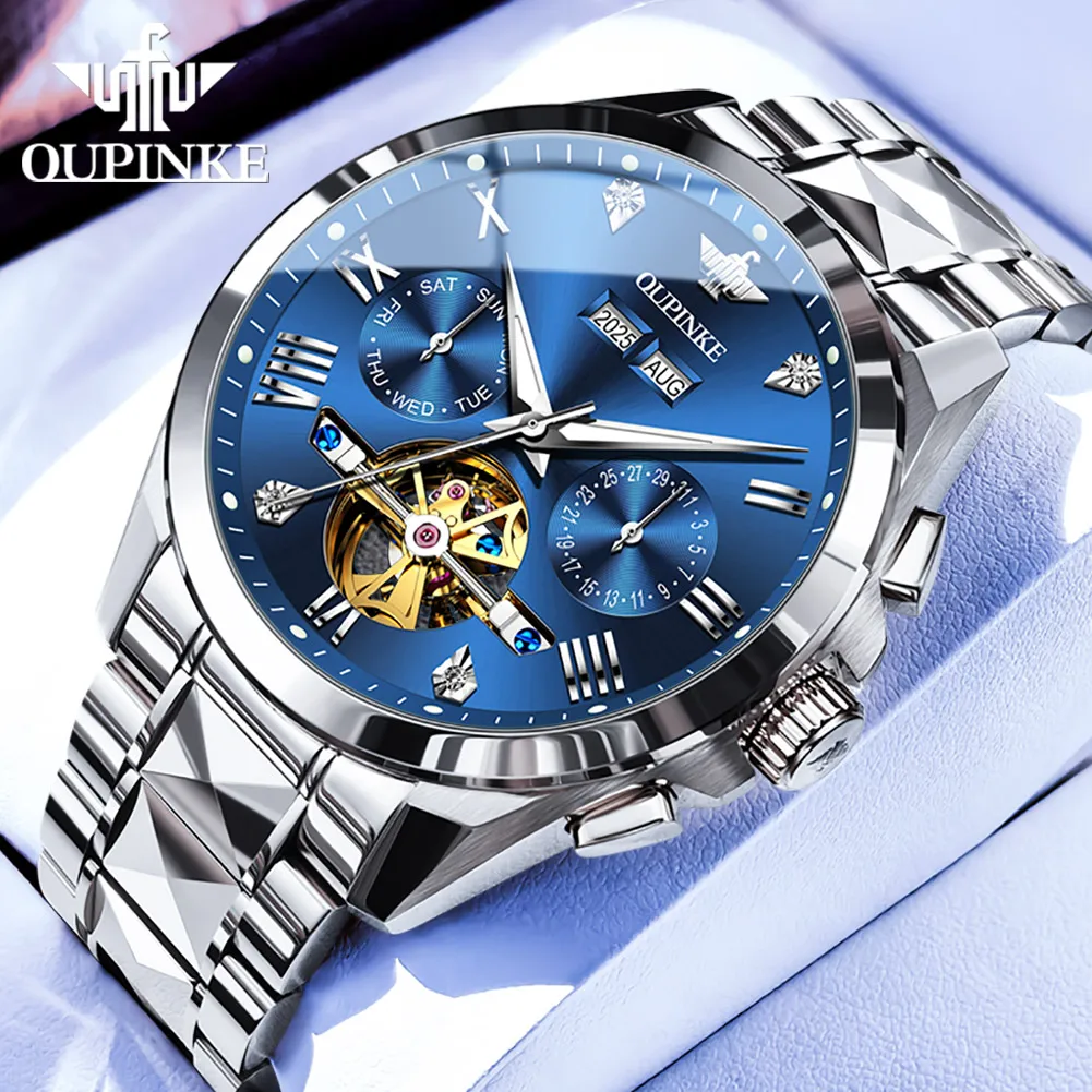 

OUPINKE 3240 Automatic Men's Watch - Tungsten Steel 50M Waterproof Skeleton Date Display Luxury Mechanical Business Watch