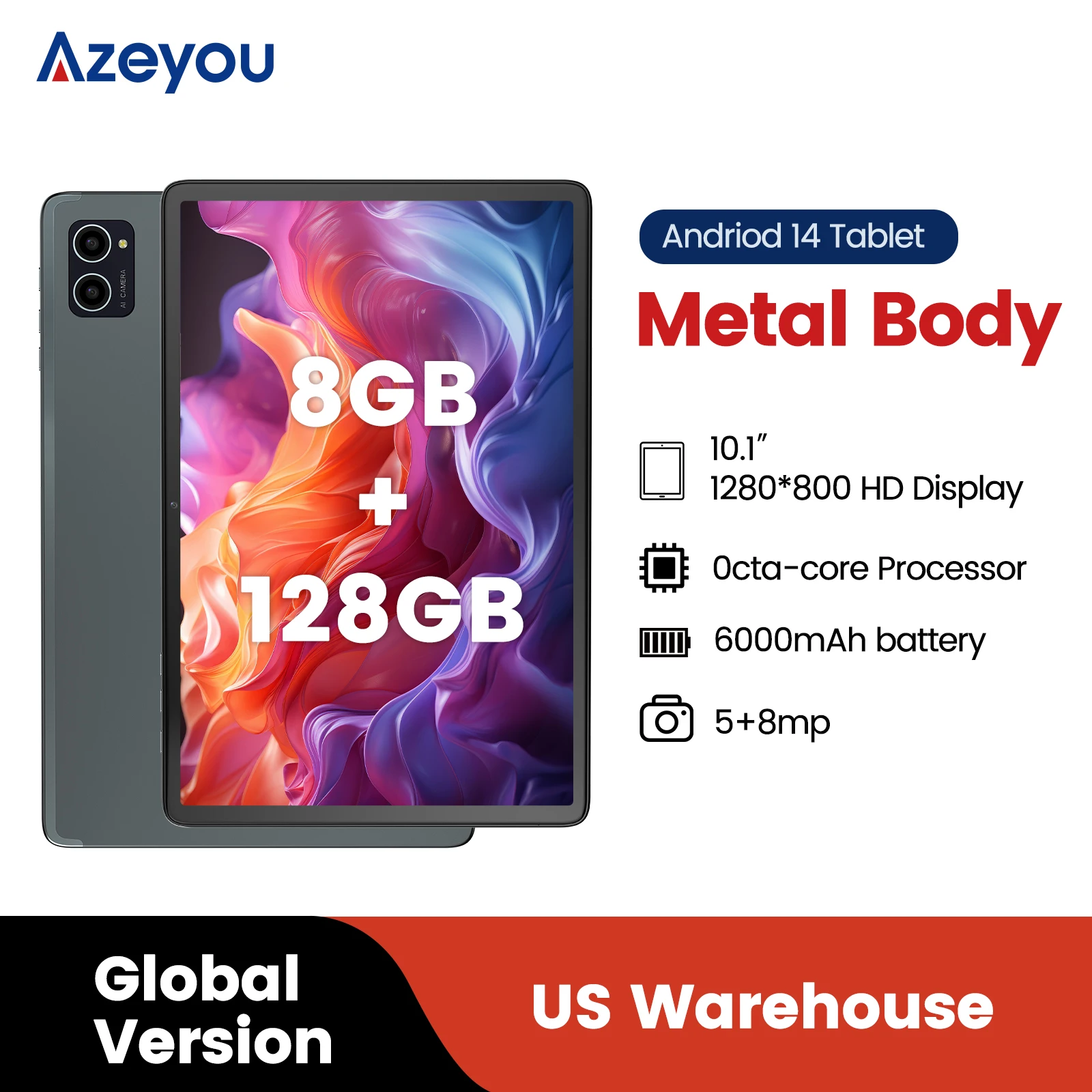 

Azeyou Android 14 Tablets 10 inch, Octa-Core 8GB+128GB, 5G+2.4G Wi-Fi/Bluetooth, 1280x800 HD IPS Display,6000mAh Metal Shell