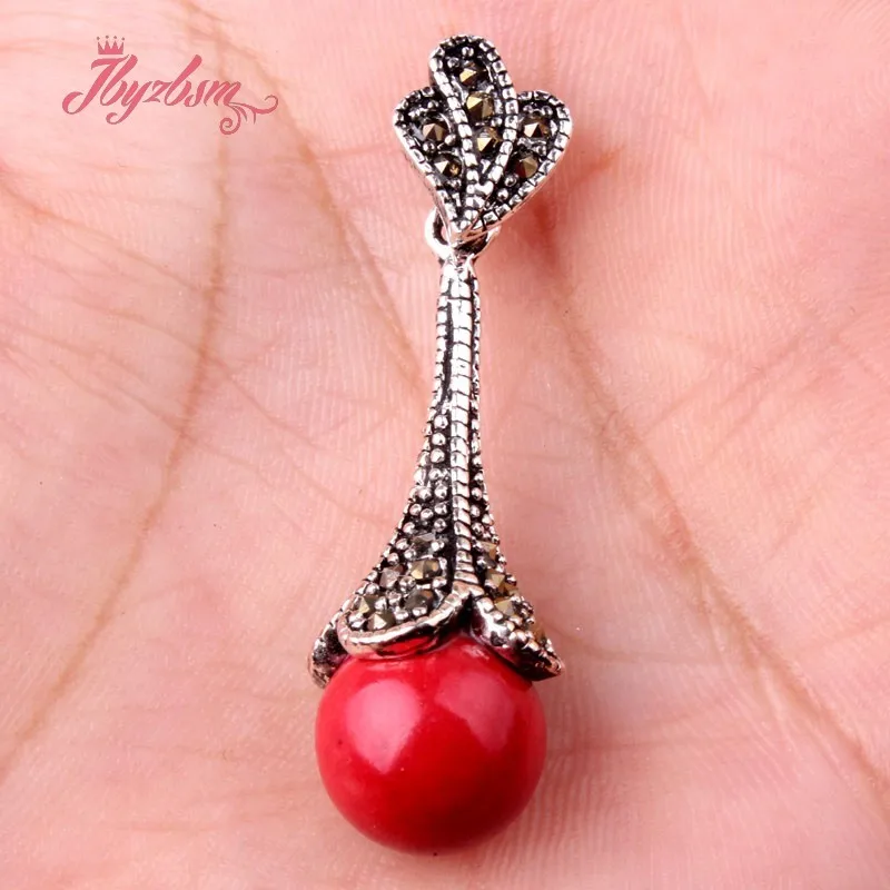 12mm Ball Stone Tibetan Silver Marcasite Necklace Pendant Charm 1 Pcs 12x40mm Exquisite Jewelry for Women Wedding Anniversary