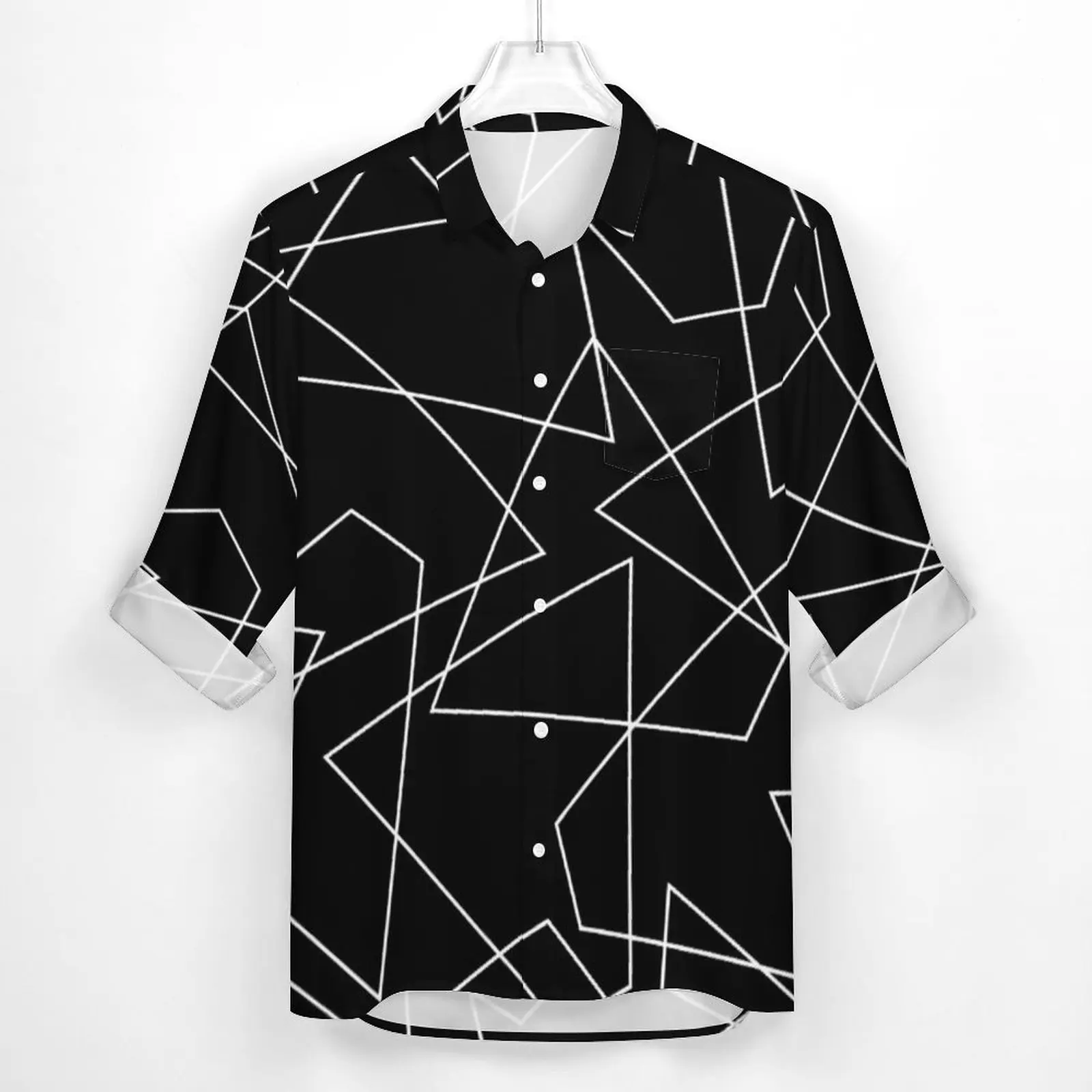 Abstract Geometry Aesthetic Casual Shirt Men White Line Print Shirt Spring Trendy Blouses Long Sleeve Printed Oversize Clothing