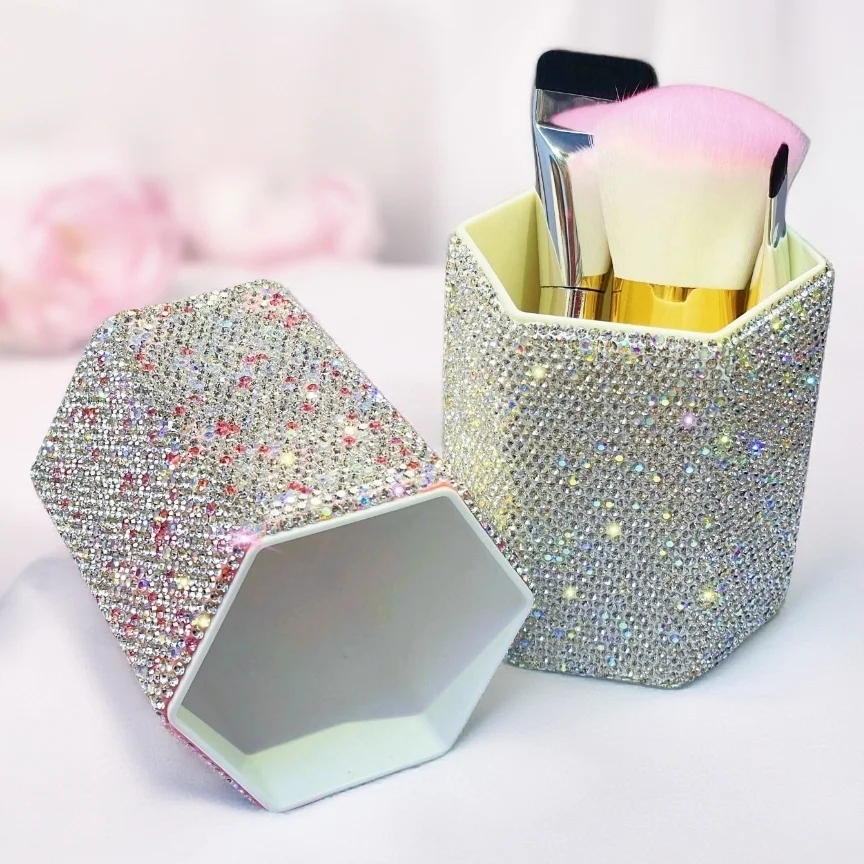 Hexagonal pen holder, high aesthetic value, shiny artificial diamond inlaid makeup brush, makeup pen, pencil storage box