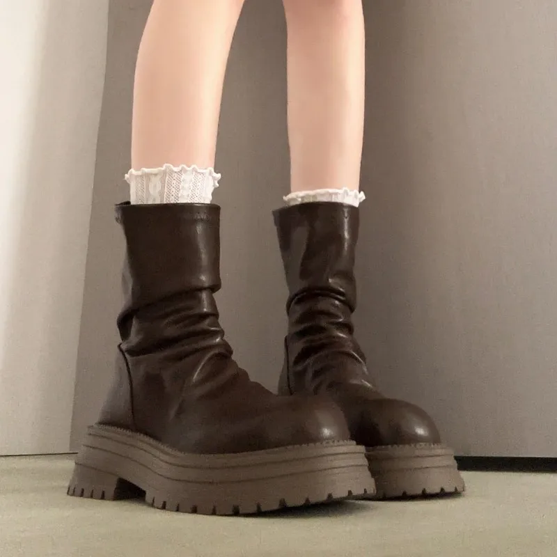 

Women Ankle Boots Flats Platform Shoes Winter 2025 Trend New Fashion Elegant Snow Boots Leather Goth Retro Woman Chelsea Botas