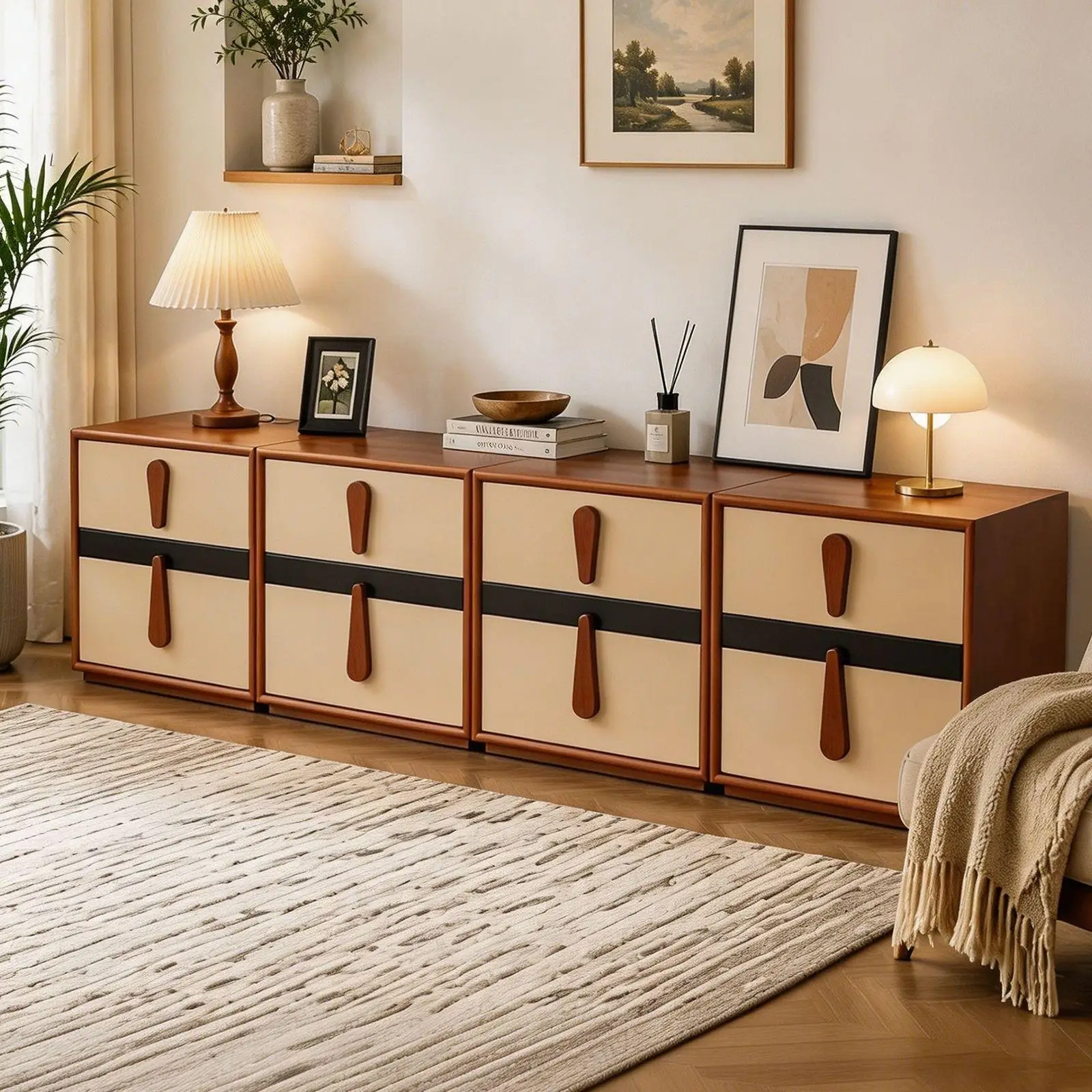 Solid wood multi-functional module combination cabinet, antique style in cream, floor-to-ceiling storage bedside table
