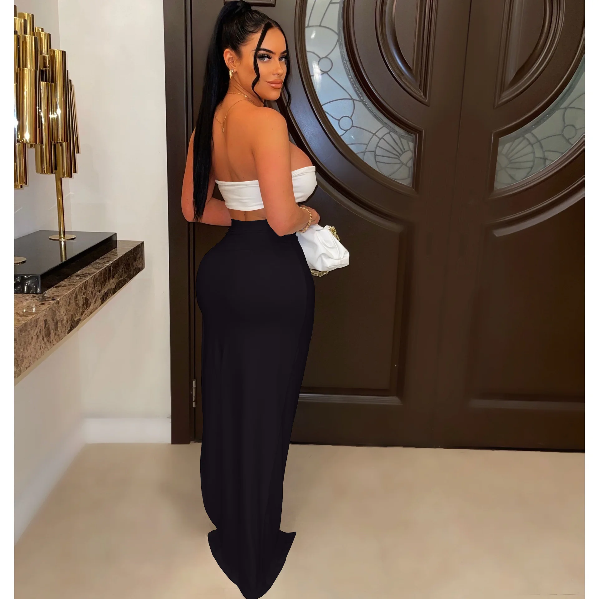 Summer Women's Set Sleeveless Chest Wrap Top And Slim-Fit Maxi Dress High Split Suit Comfortable Ladies Two-Piece Outfits