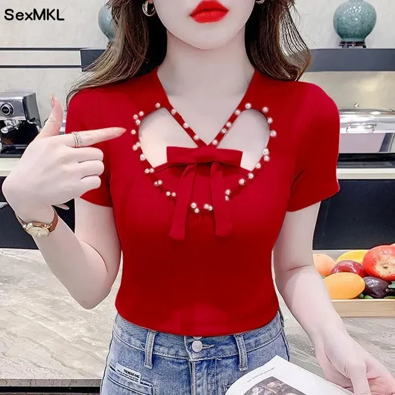 Kurzarm-T-Shirts für Damen, Sommer, 2025, koreanische Mode, schöne Schleife, T-Shirt, Perlen-Design, Y2k-Kleidung, einzigartiges schickes Crop-Top