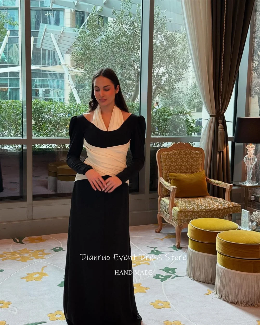 Dianruo ホルターネックプリーツイブニングドレスサテン長袖ローブ · ド · ソワレフィットボディスマキシ 2025 プロムドレスカスタマイズ