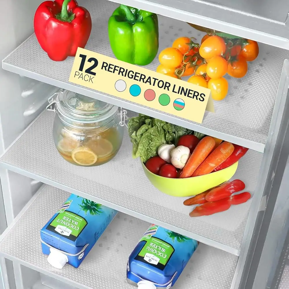 

Refrigerator Liners For Shelves (12 Pack) By Linda’S Entials - Non-Adhesive Shelf Or Drawer Liner, Bpa-Free Fridge Mats For