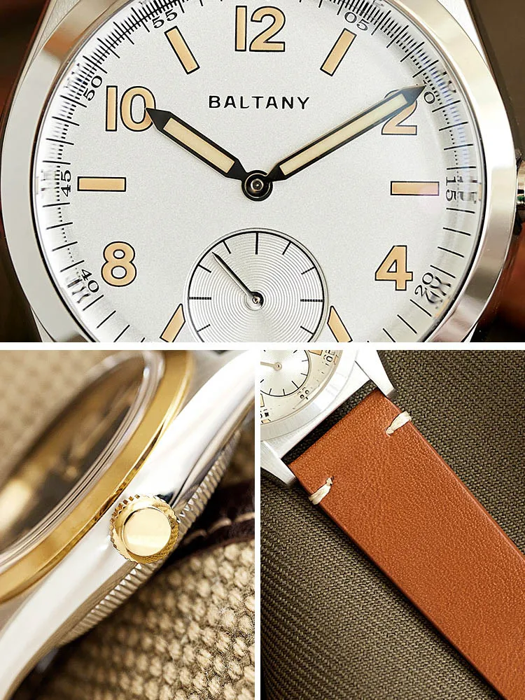 Baltany-relojes de vestir Bubbleback Subdial IPG, bisel de cuero, manos doradas, cristal de zafiro, acero inoxidable, relojes de pulsera de cuarzo VD78