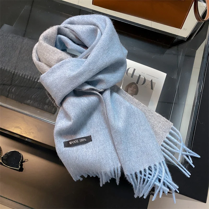 Double sided color 100% Wool Winter Scarf For Women Long Warm Solid Lady Shawl Wrap Female Pashmina Bandana Head Scarfs