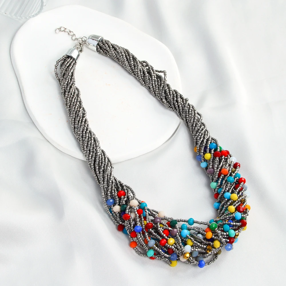 Fashion Bohemian Ethnic Style Exaggerated Women Jewelry  Multilayer Rice Beads 6mm Colored Glass Beaded Necklace Handmade Choker