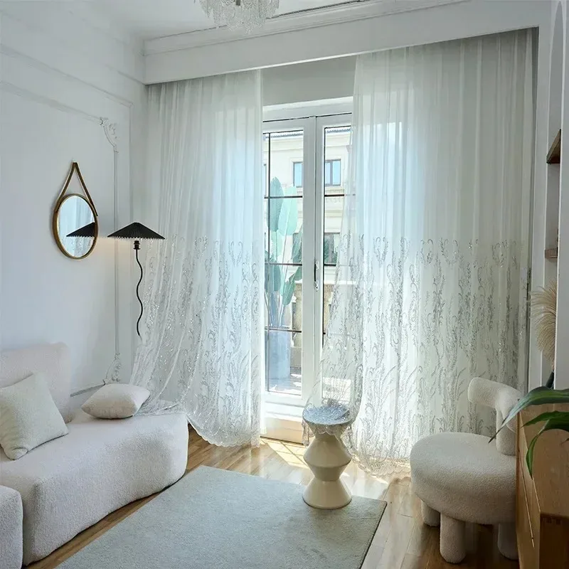 

Custom Size Embroidered Pearls Luxury White Tulle Sheer Curtains for Living Room Bedroom Dining Window Decor Elegant WhiteTulle