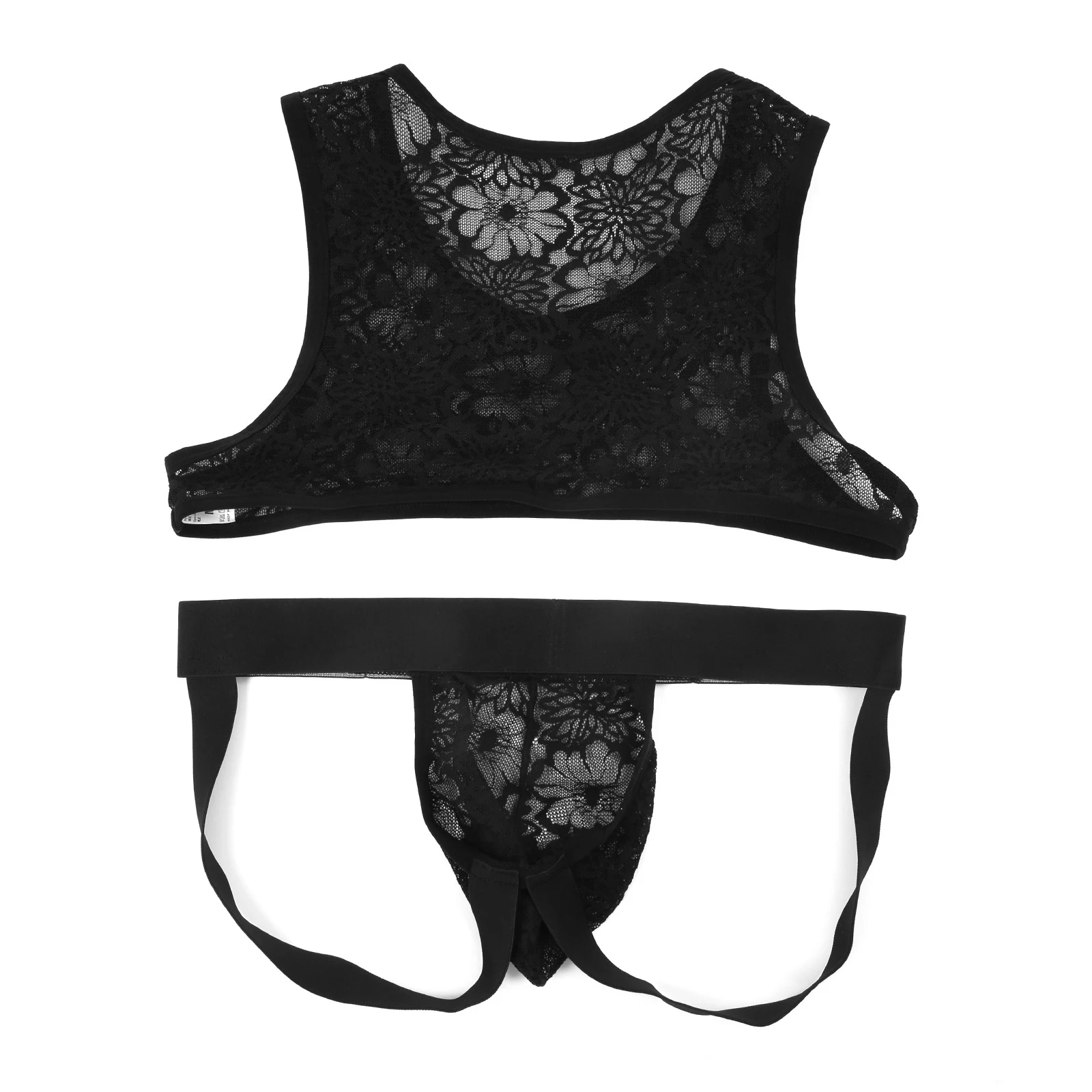 

Mens Sissy See Through Lace Lingerie Wear Sleeveless Crop Tank Top And G-string Thong Underwear for Drag Queen Transvestite