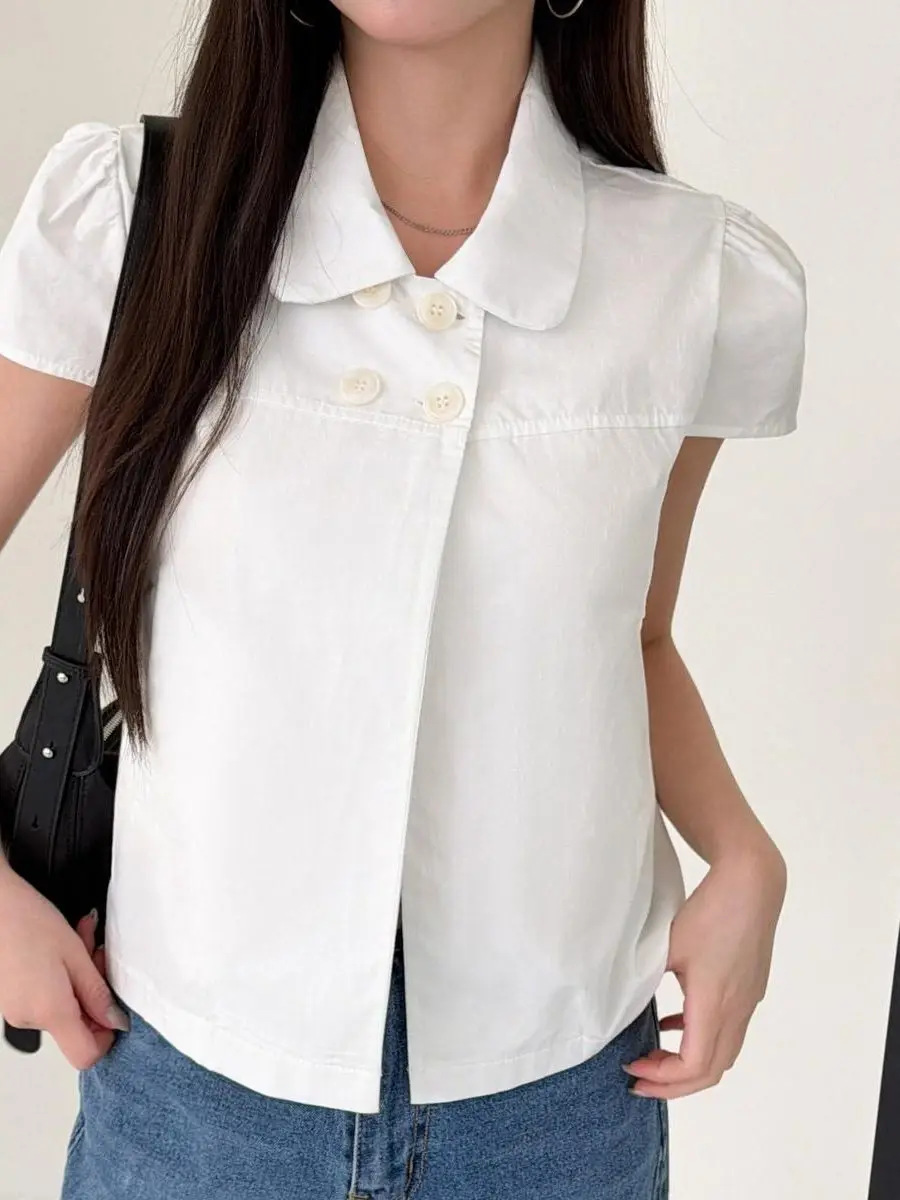 

Chic Casual Short Sleeve Shirt Women's Vintage Doll Collar Button up Cotton Blend Fashionable Top Dongda Gate Ladies' Wear