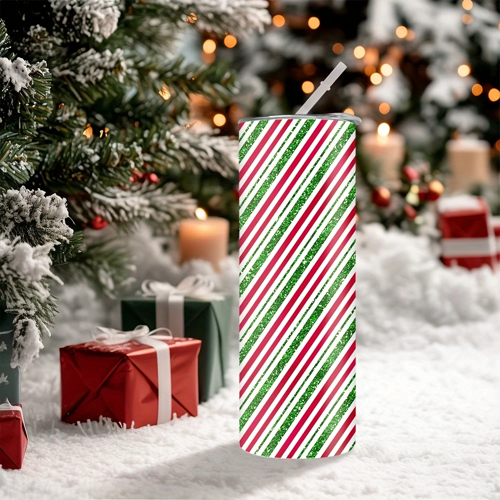 1pc 20oz Christmas Red, Green, and White Diagonal Stripe Pattern Straight-Stem Water Bottle, Stainless Steel Insulated Hot and Cold Tumbler, Suitable for Coffee, Milk, Beer, and Beverages, for Christmas Parties, New Year's Gift, with Straw