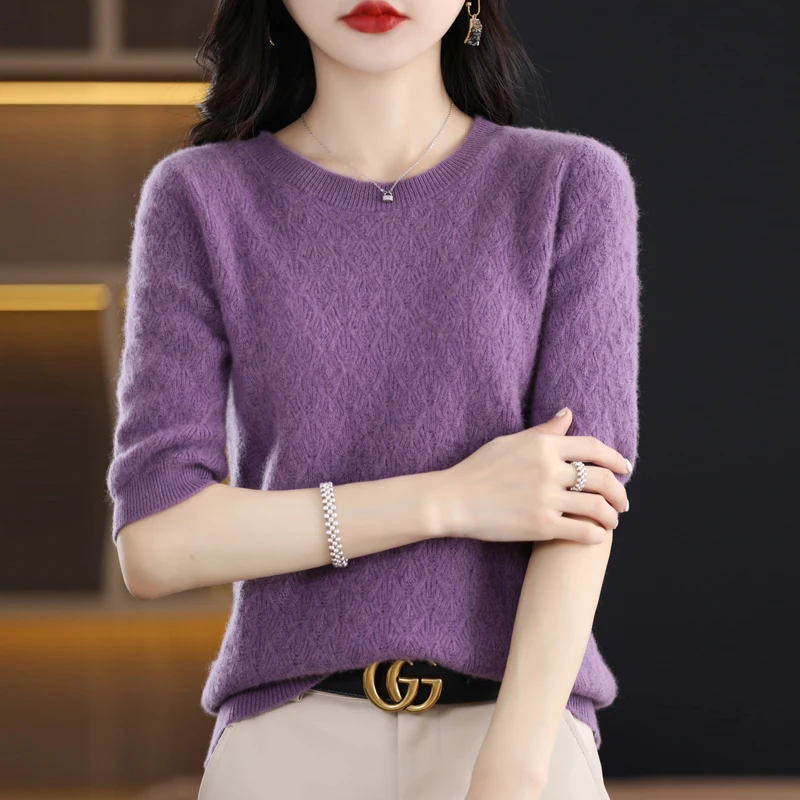 Spring Autumn Women 100% Merino Wool Seamless Sweater Half Sleeve O-neck  Hollow Out Pullover Casual Knit Soft Bottoming Top