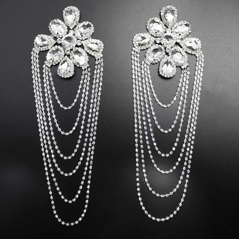 Rhinestone Shoulder Epaulets Fringe Sparkly AB Crystal Shoulder Applique Exaggerated Lightweight Clothing Accessory