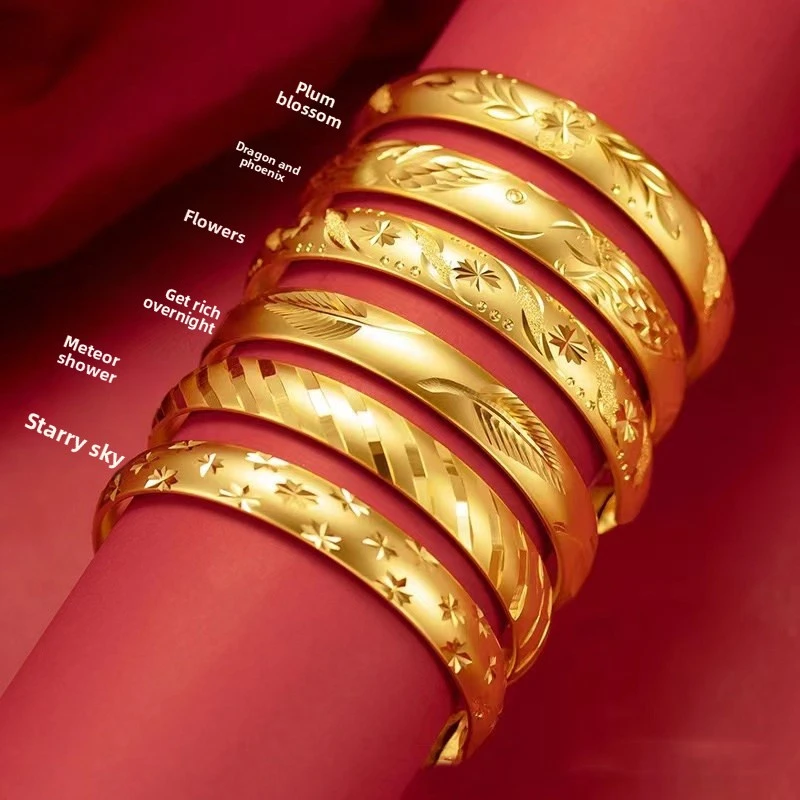 

Luxurious Phoenix Dragon Star Flower Carving Adjustable Women's Bracelet, Ethnic Style AU999 24K Pure Gold Jewelry Gift