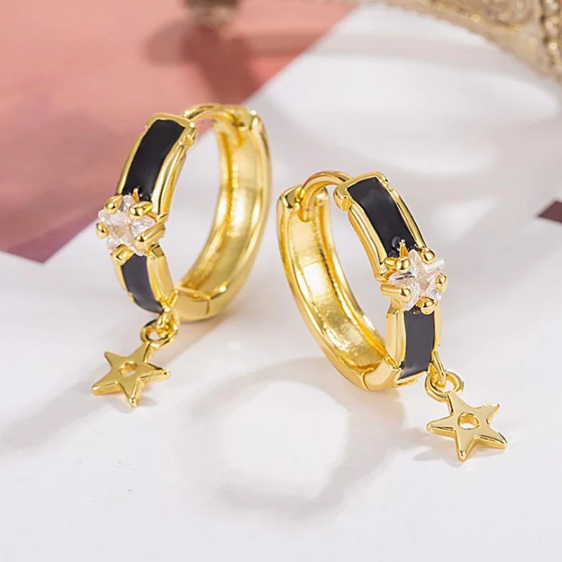 Cool Black Drop Glazed Circle Earrings for Women Light Luxury High-end Feel Fashion Earring Unique Star Ear Buckle KOFSAC