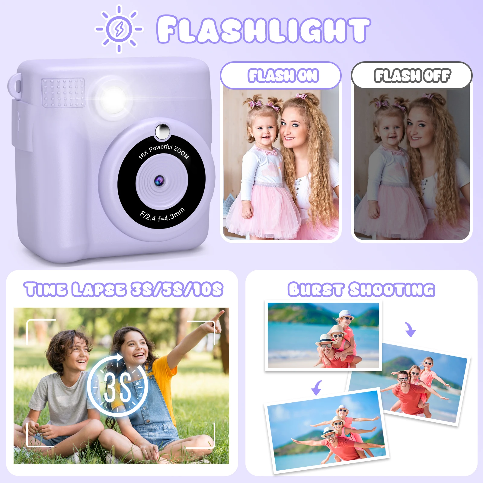 Appareil photo numérique pour enfants 2,4 "1080P HD caméra vidéo portable à impression instantanée avec carte 32 Go, cadeau d'anniversaire pour garçons filles 3-12