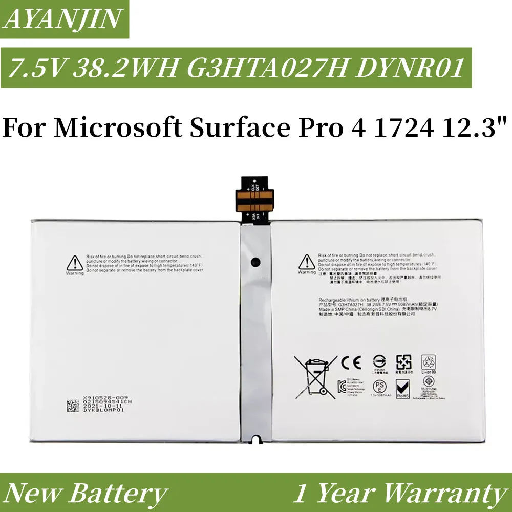 

G3HTA027H DYNR01 Laptop Battery For Microsoft Surface Pro 4 1724 12.3" Tablet 7.5V 38.2WH/5087mAh Free Tools