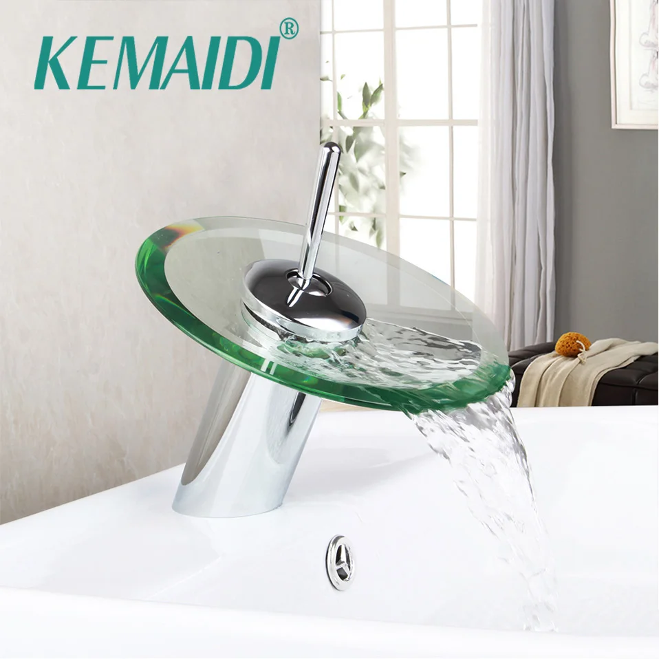 SINLAKU Bathroom Waterfall Faucet Tempered Glass Vessel Sink Faucet Single Handle Chrome Finished Hot Cold Water Mixer Tap