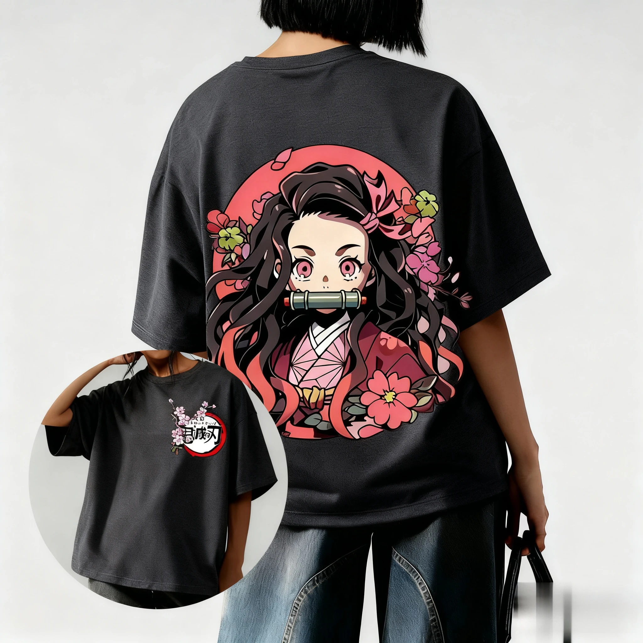 귀멸의 칼날 애니메이션 네즈코 프린트 티셔츠 2026 여성 여름 신상 하라주쿠 루즈핏 캐주얼 부모 자녀 반팔 상의