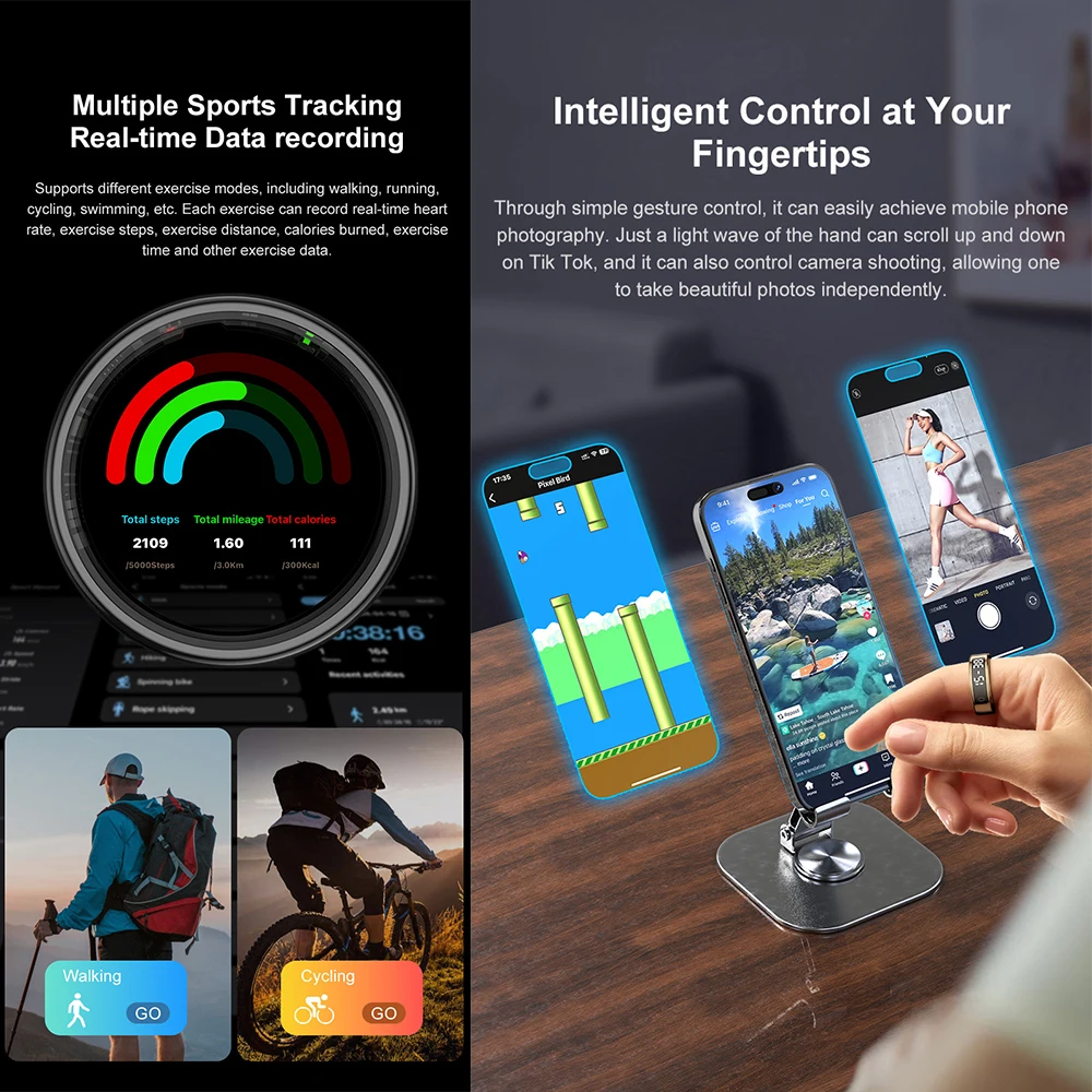 R11 Plus Display Screen Smart Ring With Smart Touch 5ATM Waterproof Men Women Intelligent Ring Wireless Charging R11+ Rings